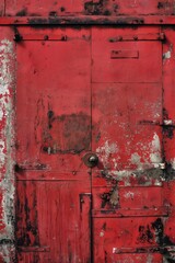 Aufkleber - Old red metal door slightly ajar revealing interior with rustic charm. Weathered paint and peeling walls create aged appearance. Perfect for vintage or retro themed designs.