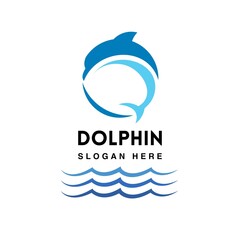  A sleek, minimalist dolphin logo in various shades of blue, with a circular wave-like design symbolizing motion and water.