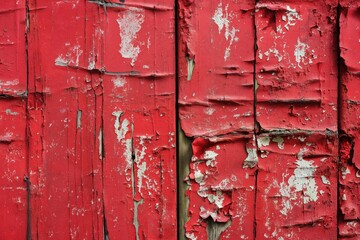 Poster - Weathered wooden surface with reddish-brown hue, peeling paint underlying layers. Vertical planks with rough texture, uneven grain pattern. For rustic, vintage distressed design themes.