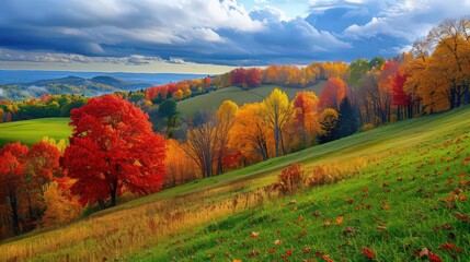 Sticker - A picturesque autumn landscape features a rolling hillside covered in vibrant fall foliage,