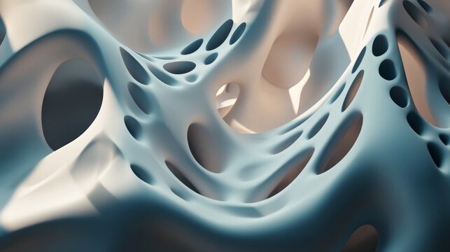 Abstract organic structure with smooth, flowing surfaces and perforated holes, evoking futuristic design