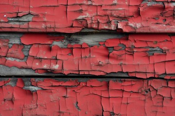 Poster - Weathered wooden surface with peeling red paint, revealing aged wood. Close-up view of distressed texture, adding sense of history and depth. Suitable for backgrounds, textures, and design elements.