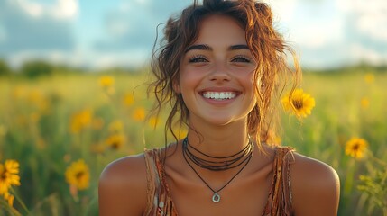 A young woman with long brown hair smiles broadly, surrounded by yellow sunflowers.