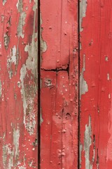 Poster - Old weathered wooden surface with reddish-brown hue, peeling paint reveals rough texture. Vertical planks show aging, chipped paint indicates time passage. Close-up view from slightly elevated angle.