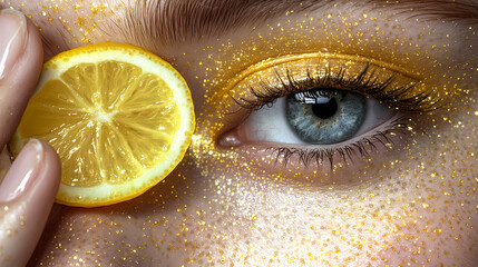 WCitrus Chic: A Bold Fashion Statement with Lemons. oman with one yellow eye and lemon slice