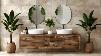 Sticker - Modern Bathroom With Wooden Cabinets Dual Sinks