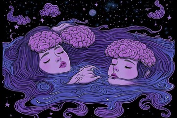 Sticker - Neural capacity Group cohesion Stylized illustration of two sleeping figures with their brains floating in cosmic space representing dreams subconscious and mental connection