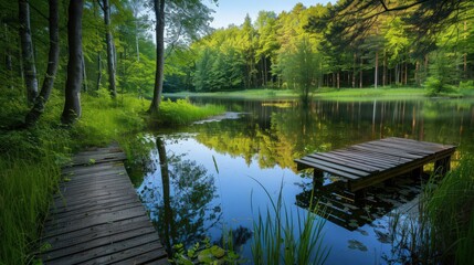 Wall Mural - A picturesque pond in a forest clearing, with a wooden dock extending over the water and the surrounding trees casting reflections in the calm pond.