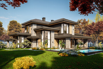 Wall Mural - 3d rendering of modern two story house with gray and wood accents, large windows, parking space in the right side of the building, surrounded by trees and bushes, daylight in autumn day