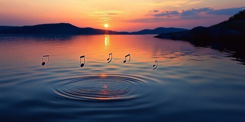 Poster - Sunset music notes reflected in water.