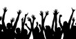 © Michael - Black silhouette of a group of people cheering and raising their arms in unison on a white background.