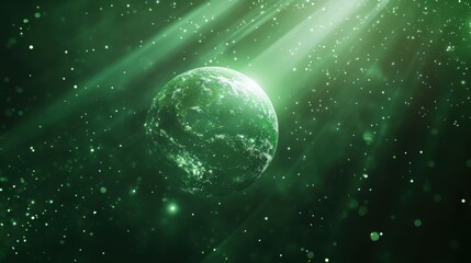 Small green planet floating in space surrounded by twinkling stars and light beams, symbolizing environmental care and sustainability.