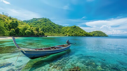 Wall Mural - A picturesque view of a fishing boat anchored in a secluded bay, with lush green hills and calm, crystal-clear waters surrounding it.