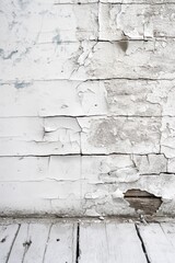 Poster - Old weathered white wall with peeling paint shows signs of decay. Wooden floor has cracks, missing boards in room with worn-out surfaces. Image captures distressed interior design with aged materials.