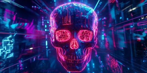 Canvas Print - Cyberpunk skull glowing with pink and blue light.