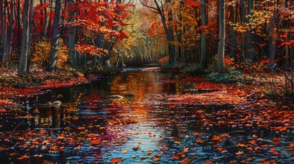 A vibrant stream in the heart of autumn, with colorful fallen leaves floating on the surface and a canopy of red and orange trees overhead.