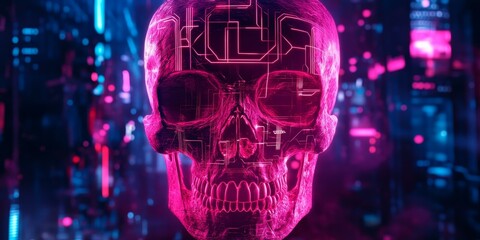 Canvas Print - Pink glowing skull with circuit board patterns.