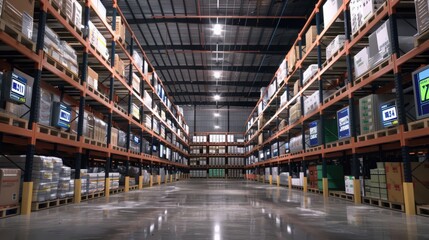 Poster - A visual of a warehouse with digital displays and sensors tracking real-time temperature and humidity levels for sensitive inventory