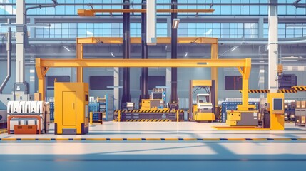 Poster - A visual of a warehouse with an active maintenance area where equipment and machinery are serviced,