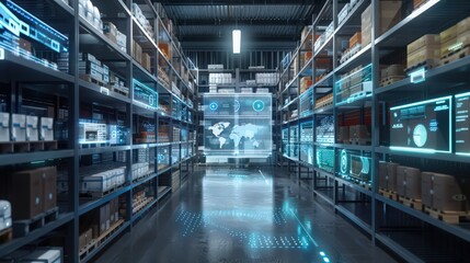 Poster - A visual of a warehouse with digital displays and sensors tracking real-time temperature and humidity levels for sensitive inventory