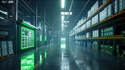 Poster - A visual of a warehouse with digital displays and sensors tracking real-time temperature and humidity levels for sensitive inventory