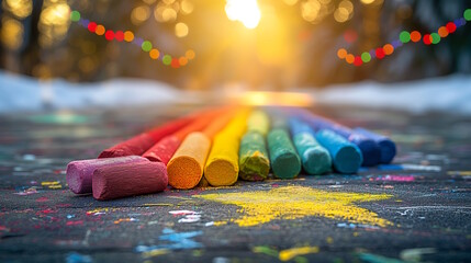 Wall Mural - Rainbow chalk sticks aligned on a colorful street with Christmas lights in the background, creating a festive and artistic scene. Perfect for creative holiday projects or vibrant outdoor designs