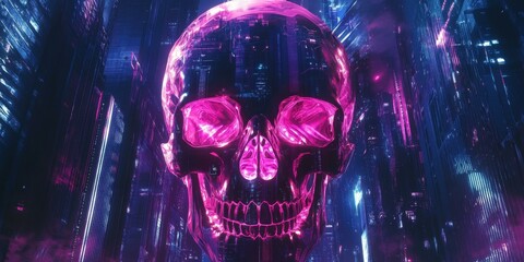 Poster - Neon skull against futuristic city.