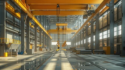 Poster - A visual of a warehouse with overhead cranes and conveyor belts in operation, highlighting the use of heavy-duty equipment for material handling