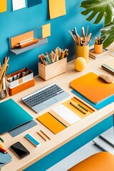 Poster - Modern Office Desk with Laptop, Phone, and Supplies.