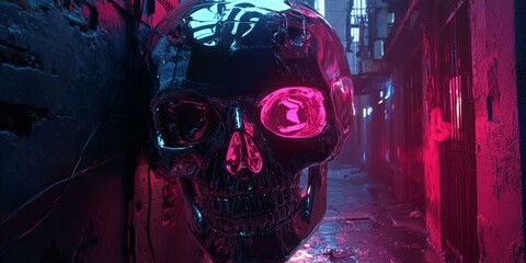 Shiny skull in neon alleyway.