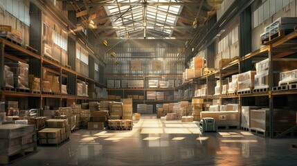 Poster - A warehouse with a shipping and receiving area, where goods are checked and processed before distribution.