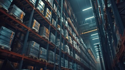 Poster - a warehouse with large, high-rise shelving systems storing bulk goods, showcasing the vertical stora