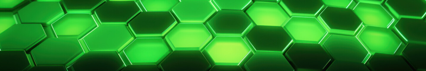 Green hexagon background. Honeycomb pattern made up of hexagonal shapes. Depth and three-dimensionality. Natural structures, tessellation in design, nanotechnology structures. Geometric wallpaper.