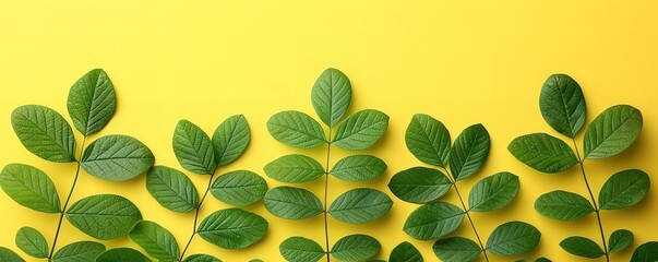 Green leaves arranged in a row on a yellow background. A simple, minimalist design for a nature inspired backdrop.