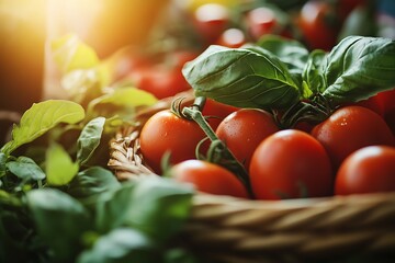 Freshly picked tomatoes and basil enjoying the summer sun in a wicker basket