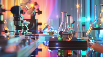 Poster - Artistic representation of a physics lab experiment on optics, featuring lenses, prisms, and light sources to explore refraction and reflection phenomena