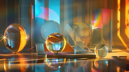 Poster - Artistic representation of a physics lab experiment on optics, featuring lenses, prisms, and light sources to explore refraction and reflection phenomena