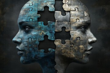 Poster - Intellectual strength Neurocortex Stone like human heads with missing puzzle pieces symbolizing fragmented thoughts identity and the complexity of the human mind