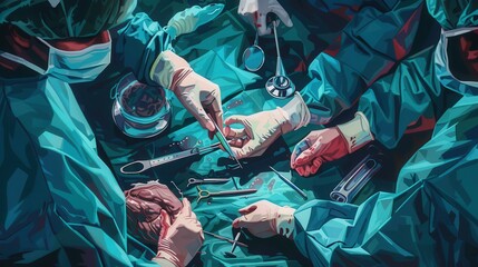 Poster - Artistic representation of a surgical procedure, illustrating the step-by-step process and tools used in a common operation.