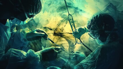 Poster - artistic representation of a surgical procedure, illustrating the step-by-step process and tools use