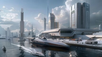 Poster - Visualize a cargo ship arriving at a futuristic port with advanced loading and unloading technology,