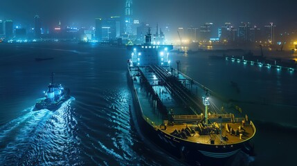 Poster - Visualize a cargo ship at night, with its deck illuminated by bright lights and the city skyline in the distance