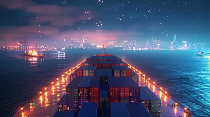 Poster - Visualize a cargo ship at night, with its deck illuminated by bright lights and the city skyline in the distance