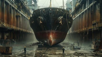 Poster - Visualize a cargo ship in a massive dry dock for maintenance, with the hull out of the water and workers inspecting and repairing various parts
