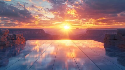 A glowing sunset over a vast desert canyon, with the reflective tiled platform enhancing the warm tones of the sky.