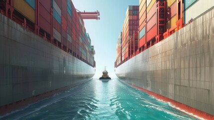 Poster - Visualize a cargo ship navigating through a narrow canal, with its large containers fitting snugly between the canal walls and tugboats assisting its path