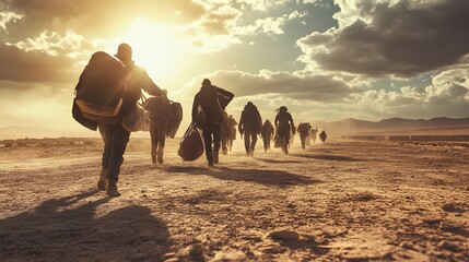 A group of people carrying their belongings through a harsh desert near the border, realistic style, intense sunlight, desaturated earth tones, mood of struggle and endurance