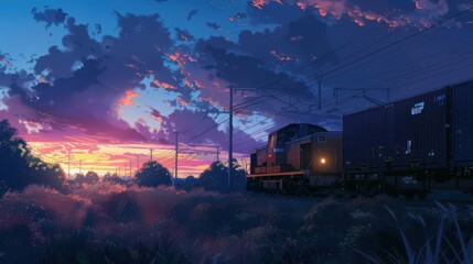 Visualize a cargo train at dusk, with the sky transitioning to deep blues and purples as the train makes its way through a rural area