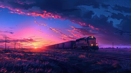 Poster - Visualize a cargo train at dusk, with the sky transitioning to deep blues and purples as the train makes its way through a rural area