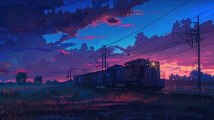 Visualize a cargo train at dusk, with the sky transitioning to deep blues and purples as the train makes its way through a rural area